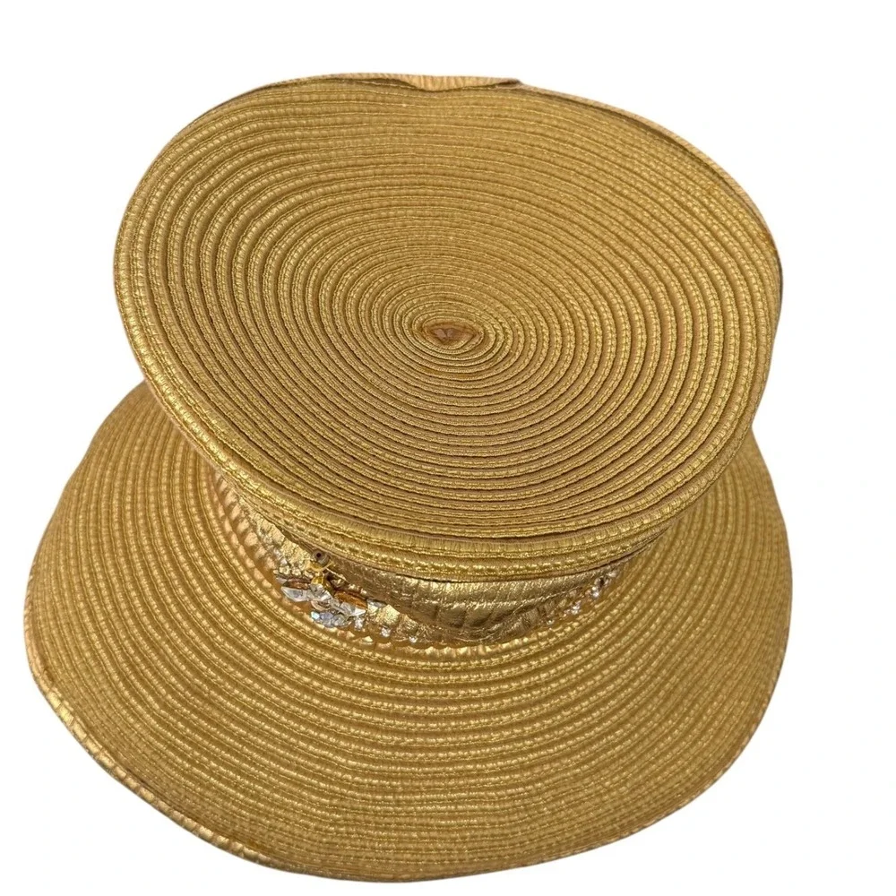 Shellie McDowell NY Gold Metallic Wide Brim Hat Lawrence Vrba Crystal Brooch